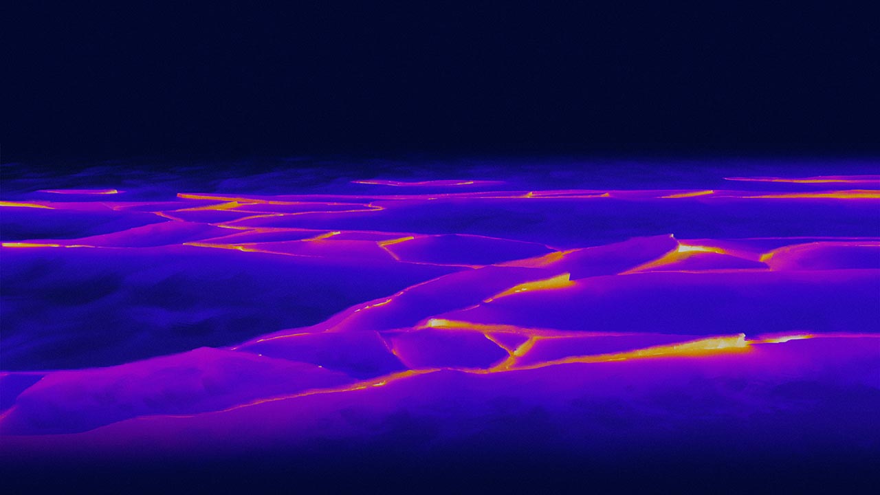 Interactive graphic showing artist rendering of sea ice in both a natural and thermal view